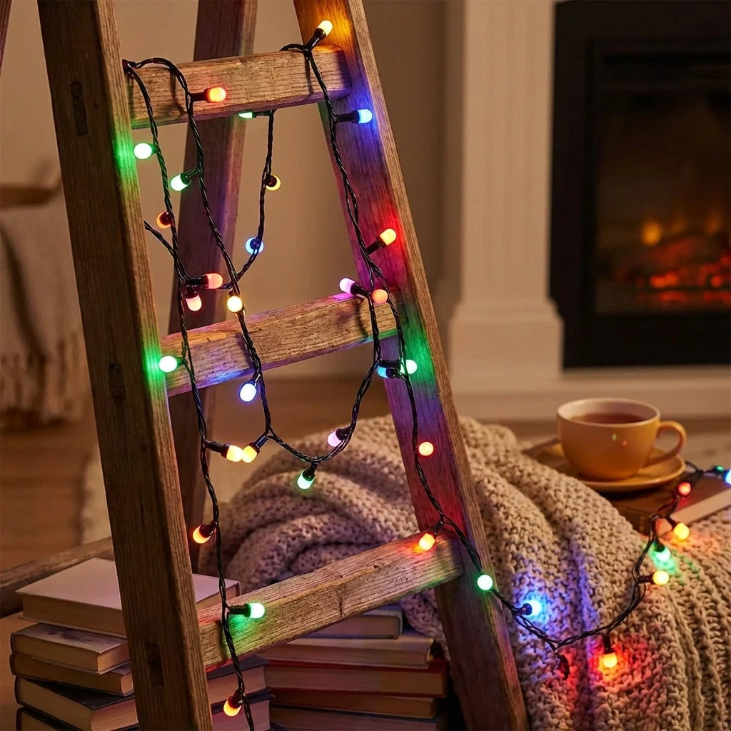 Multi-color LED string lights wrapped around wooden frame for home decor