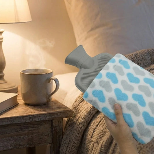 Hot water bag with cover, blue patterned fabric cover