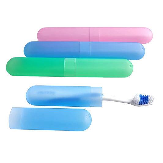 Travel toothbrush cases with snap lids; pink, blue, and green cases and a toothbrush