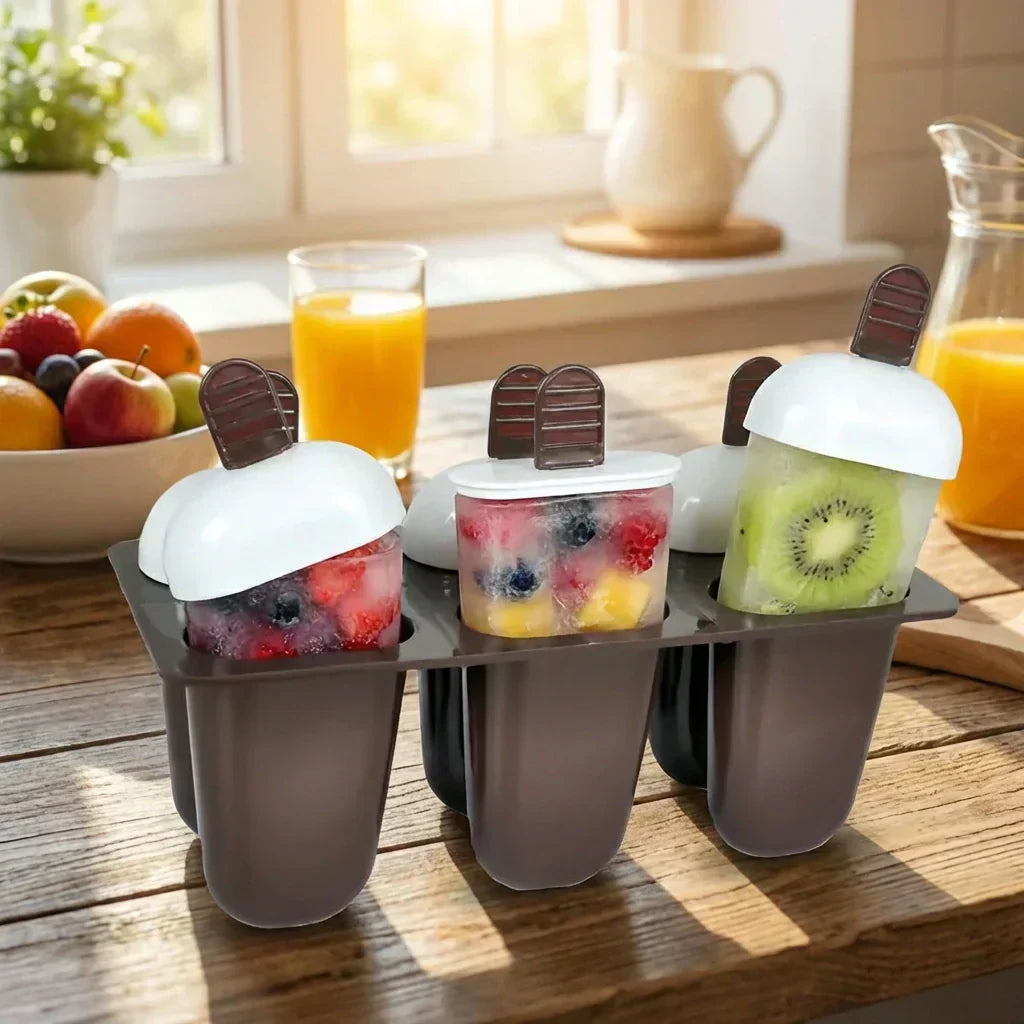 Ice candy maker moulds set with white lids and dark gray cups