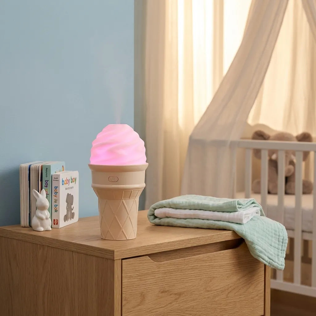 Ice cream-shaped LED humidifier with pink swirled light top on wooden cabinet