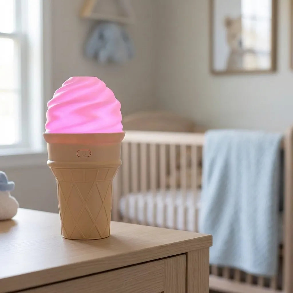 Ice cream-shaped LED humidifier with pink swirled light top and cone body