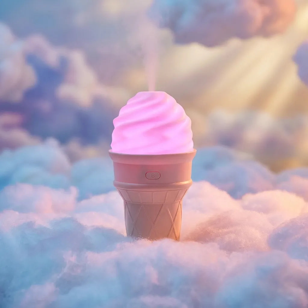 Ice cream-shaped LED humidifier with pink swirled top surrounded by mist