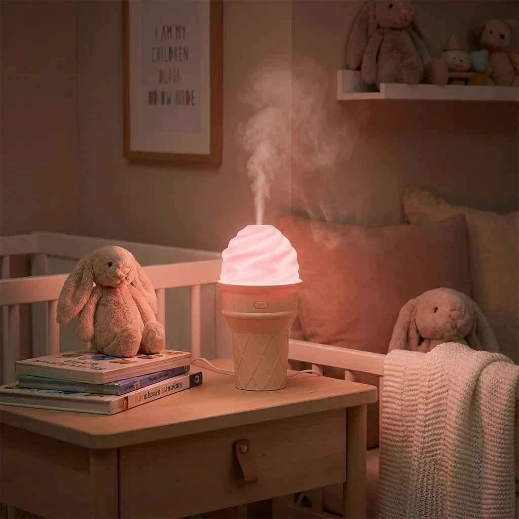 Ice cream-shaped LED humidifier releasing mist with pink swirled light top