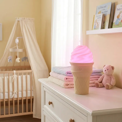 Ice cream-shaped LED humidifier with pink swirled top and cone base