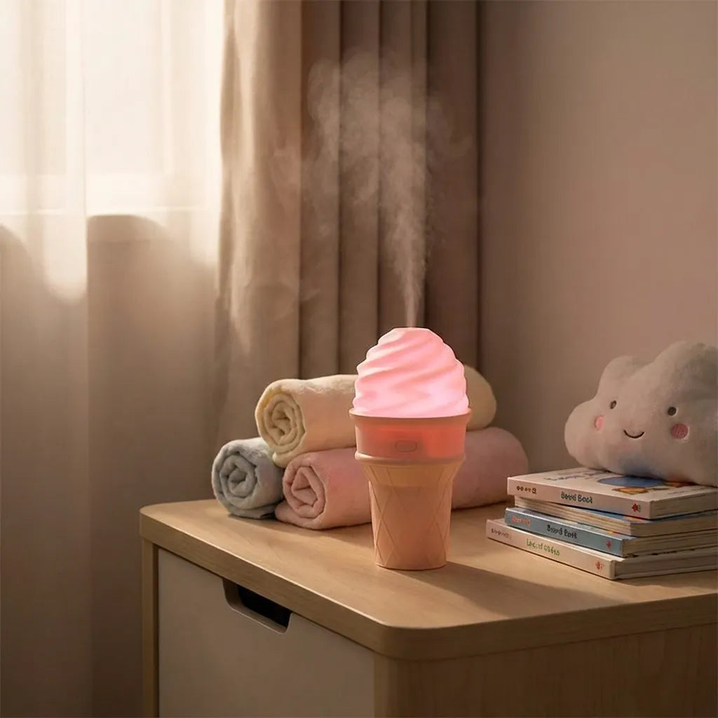 Ice cream-shaped LED humidifier with pink swirled top and cone body