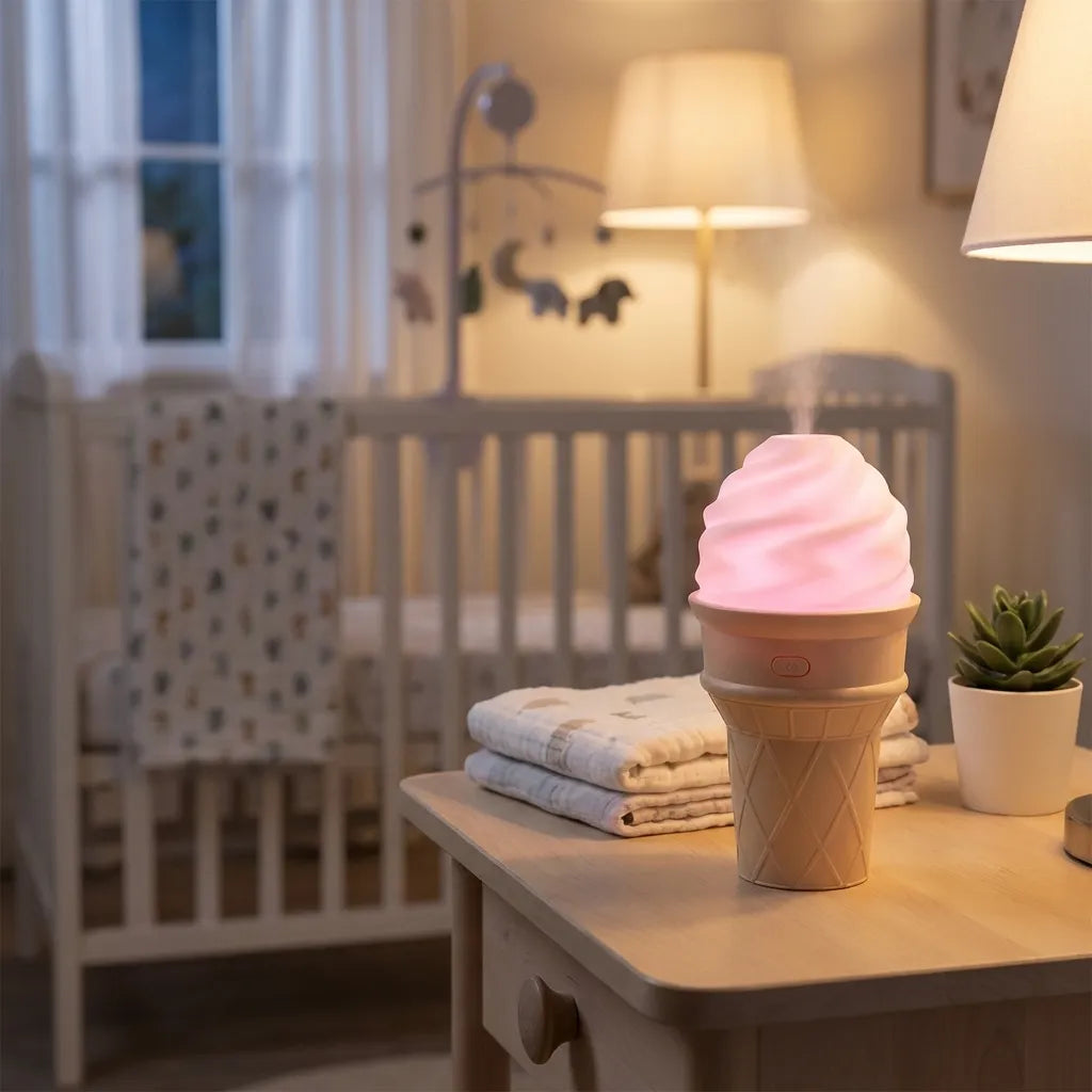 Ice cream-shaped LED humidifier with pink swirled light top on tabletop