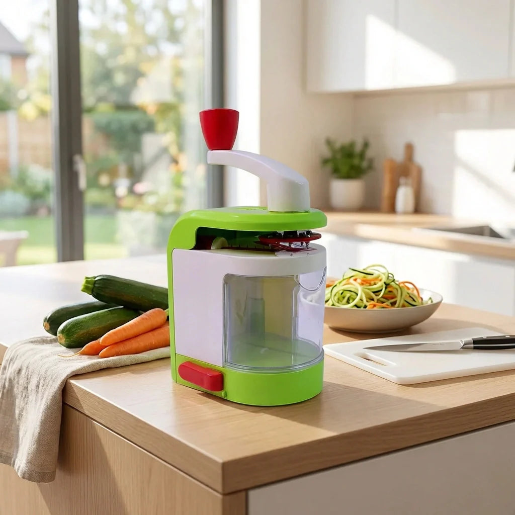 Green and white spiral vegetable cutter with clear container and red lever