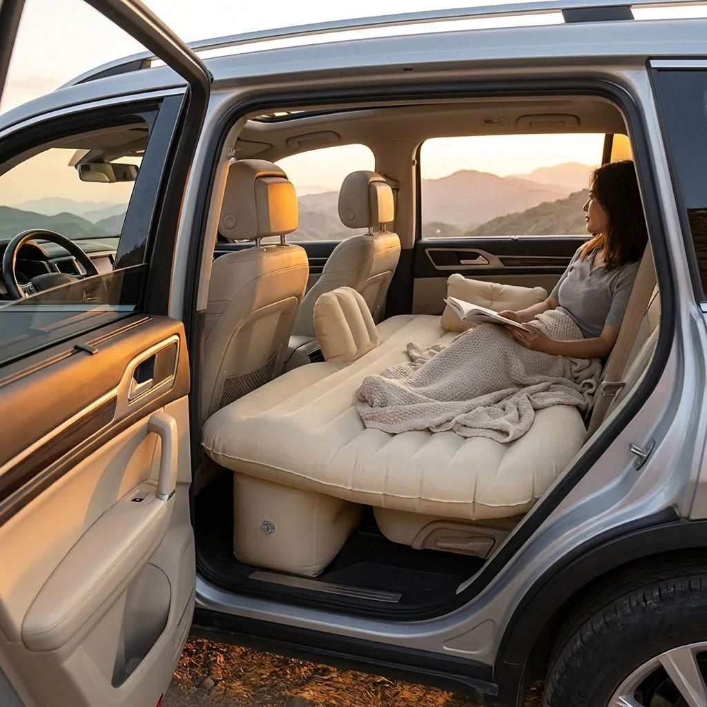 Inflatable car backseat bed with cushioned mattress laid on rear seats