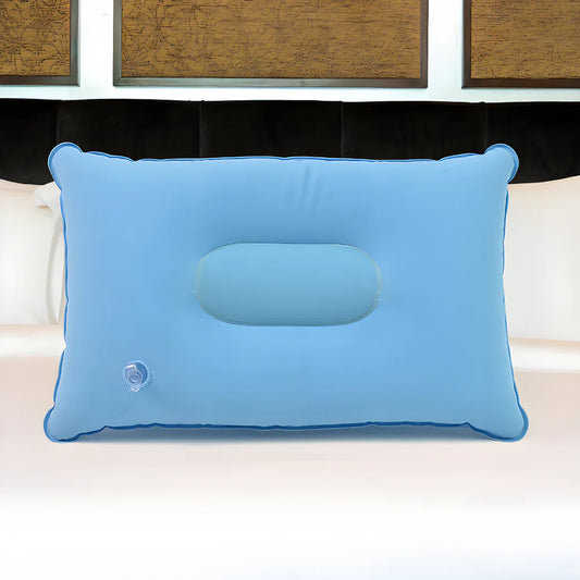 Light blue inflatable travel pillow with built-in neck support and valve detail