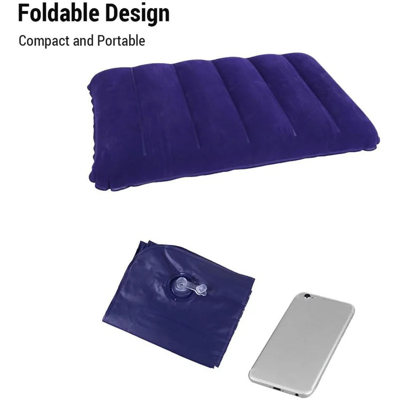 Inflatable velvet travel pillow, dark purple folded with valve detail