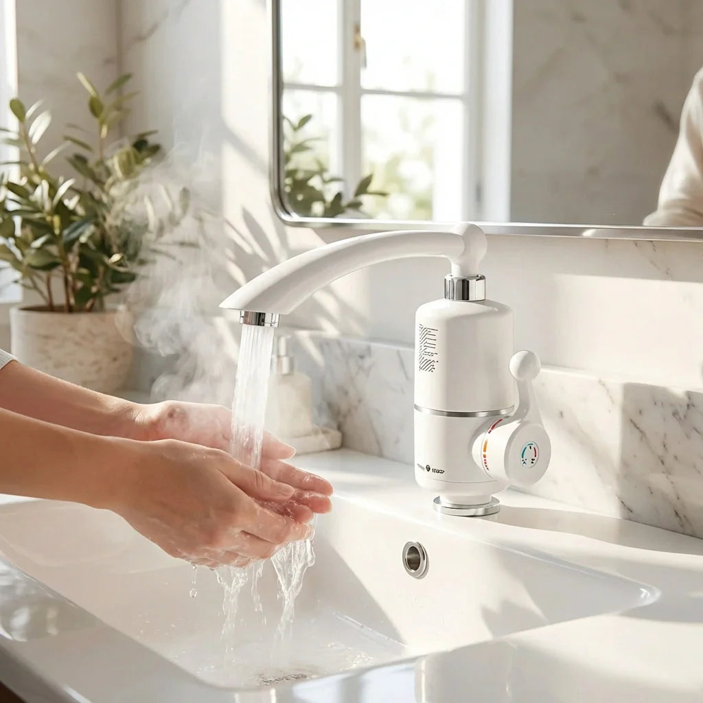 Instant hot water faucet with on-unit control and spout dispensing steam
