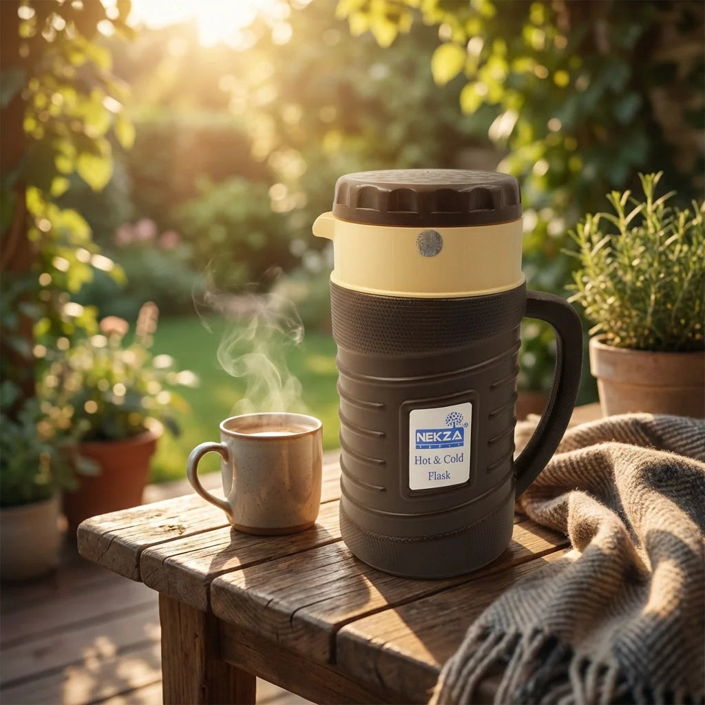 Insulated flask kettle with handle, dark body, beige top, and logo label
