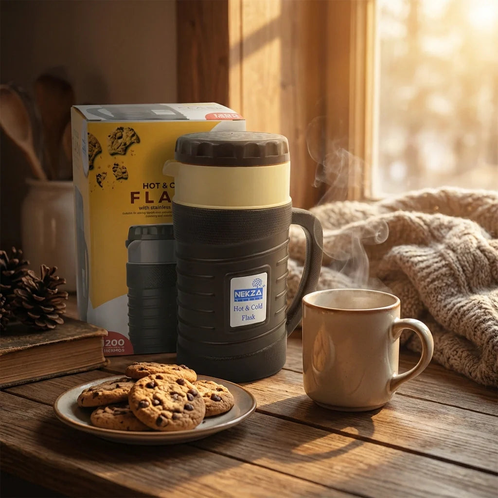 Insulated flask kettle thermos with handle, top lid, and logo label