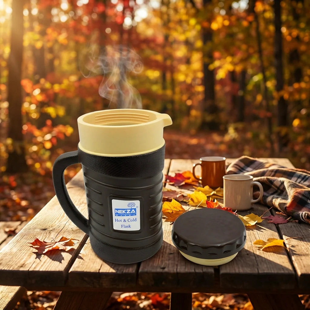 Insulated flask kettle thermos with handle, lid, and front logo label