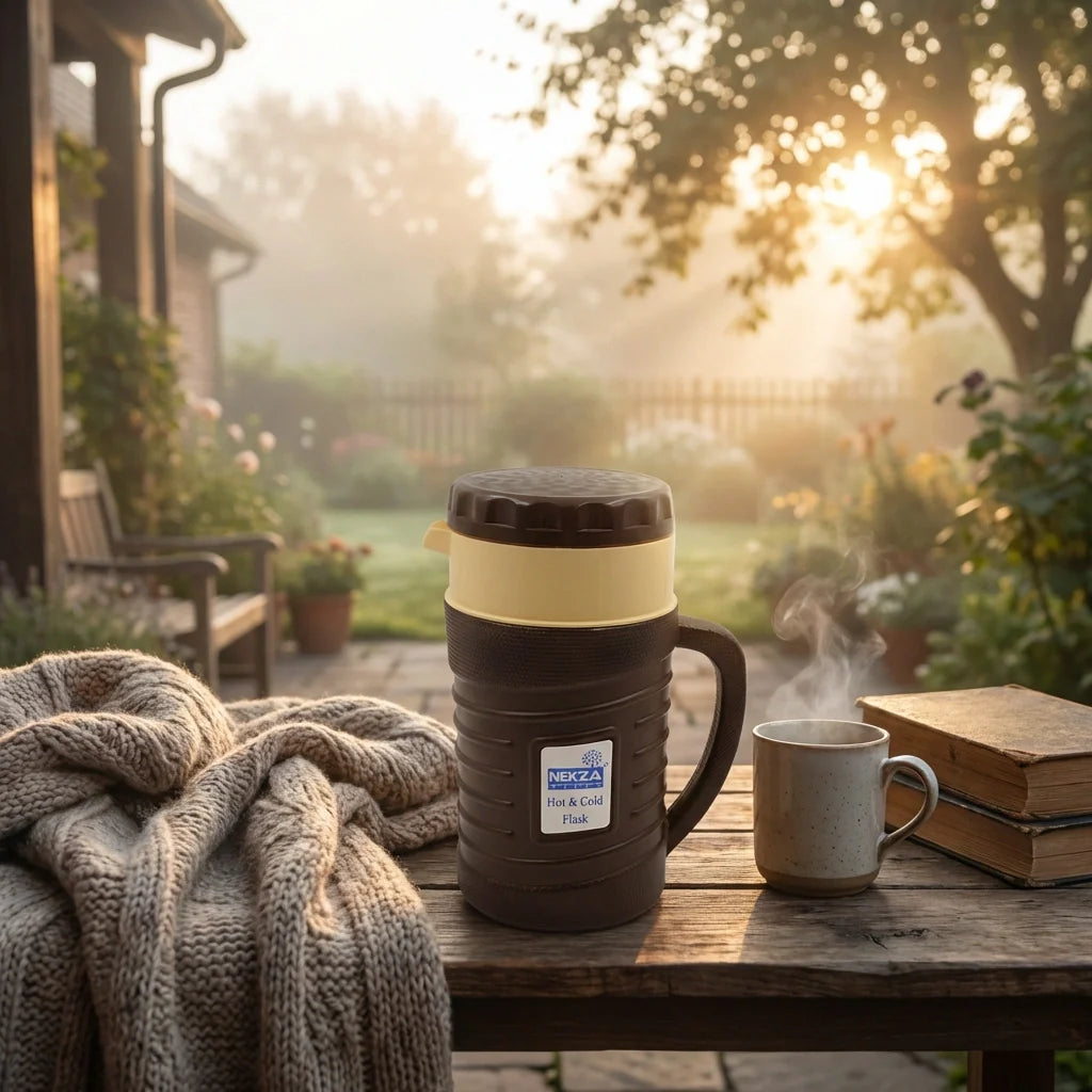 Two-tone insulated flask kettle thermos with handle and steaming from the top