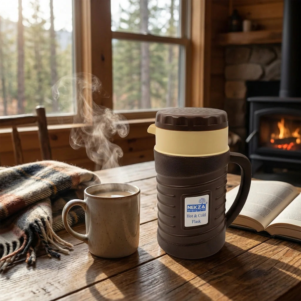 Insulated flask kettle thermos with handle, steaming, and front logo label