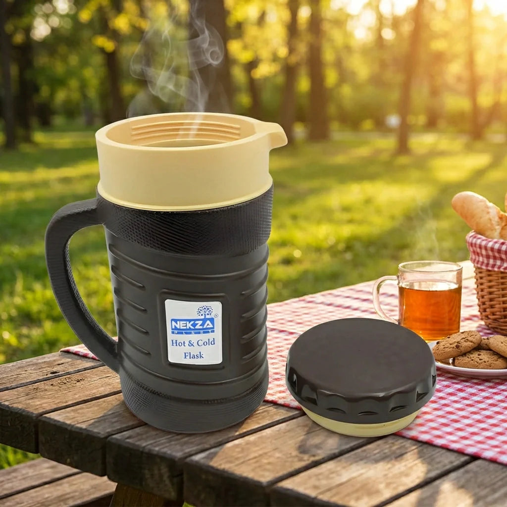 Insulated flask kettle thermos with open lid, handle, and front label