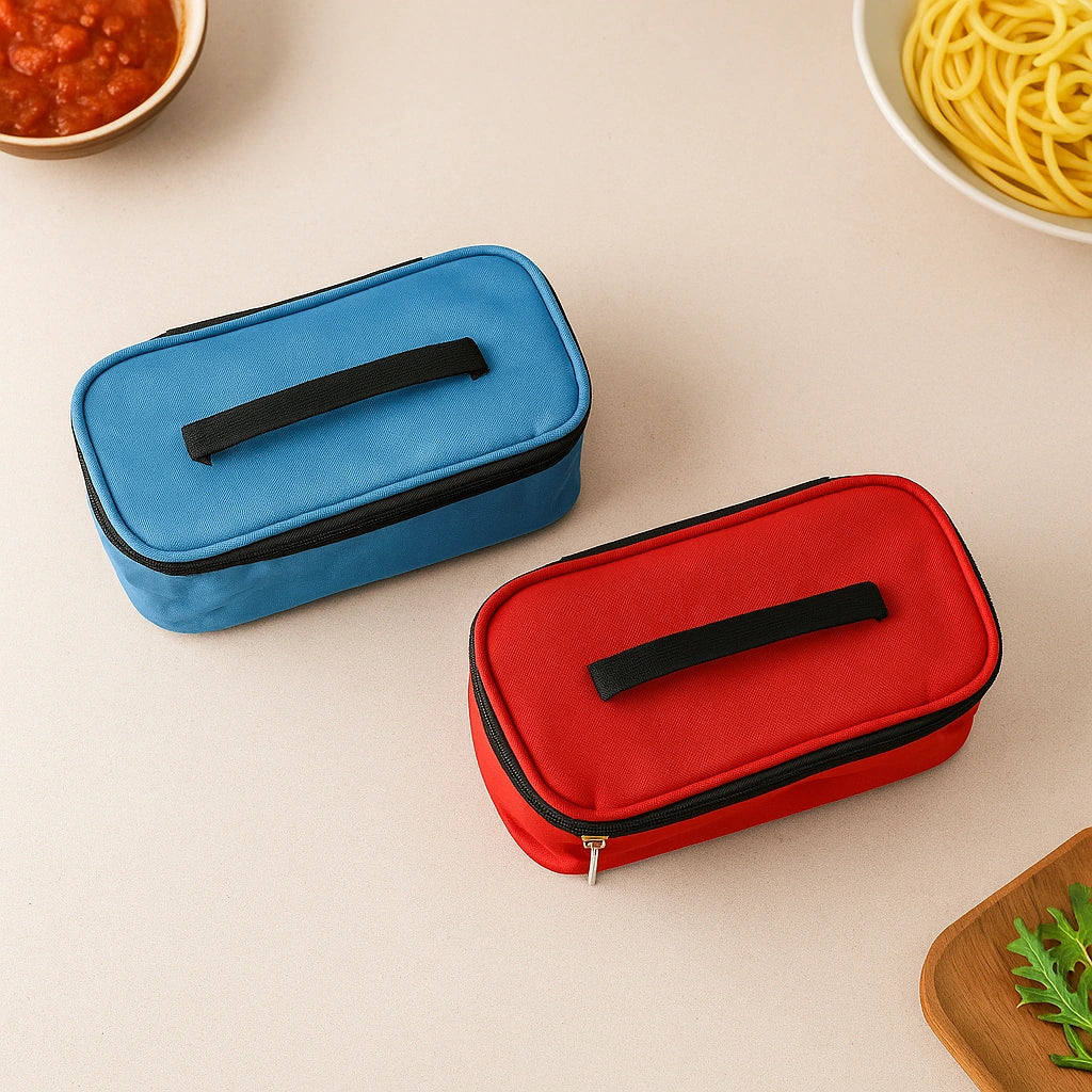 Insulated lunch bags: blue and red versions with zippered front and carry handle