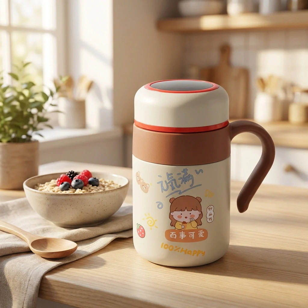 Insulated stainless steel bottle with carry handle, cream and brown body, red lid, cartoon print