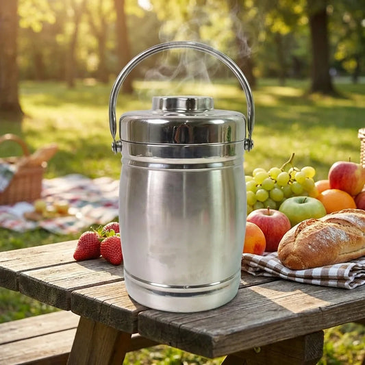 Insulated stainless steel lunch box with hinged handle and round lid