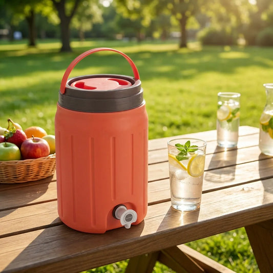 Insulated water jug with handle, black lid, and bottom spigot; orange insulated body