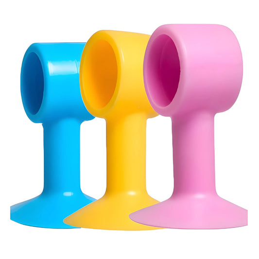 Door handle bumpers set in blue, yellow, and pink rubber L-shape ends