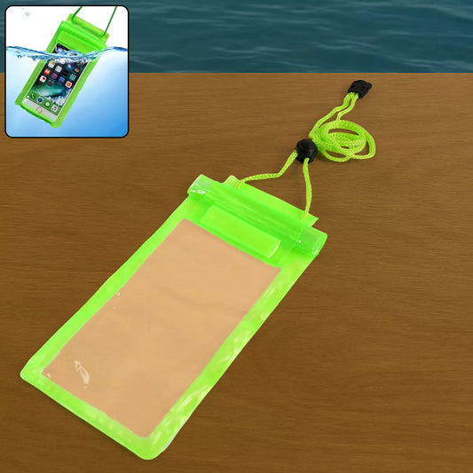 Bright green waterproof phone pouch with clear window and neck lanyard
