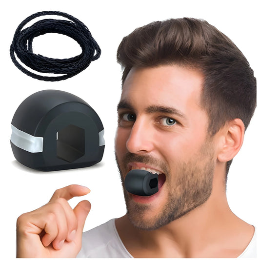 Jawline exerciser device with attached cord, black and gray