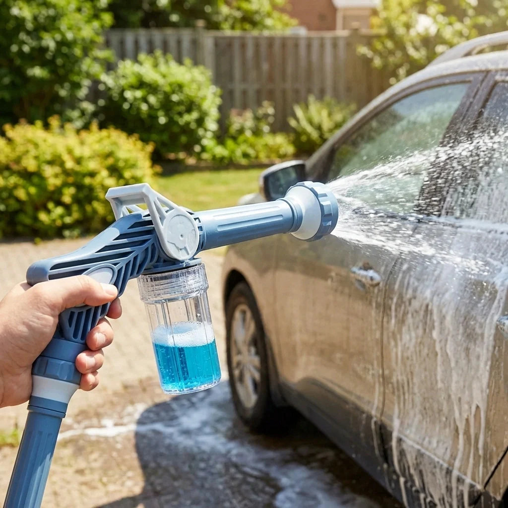 Handheld turbo water spray gun with blue nozzle and clear soap bottle
