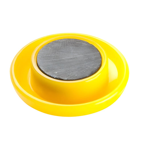 Jumbo fridge magnet with yellow circular plastic base and round silver metal center