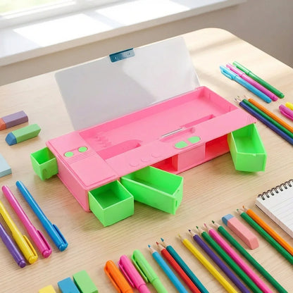 Jumbo pencil box opened with pink lid and green tray compartments