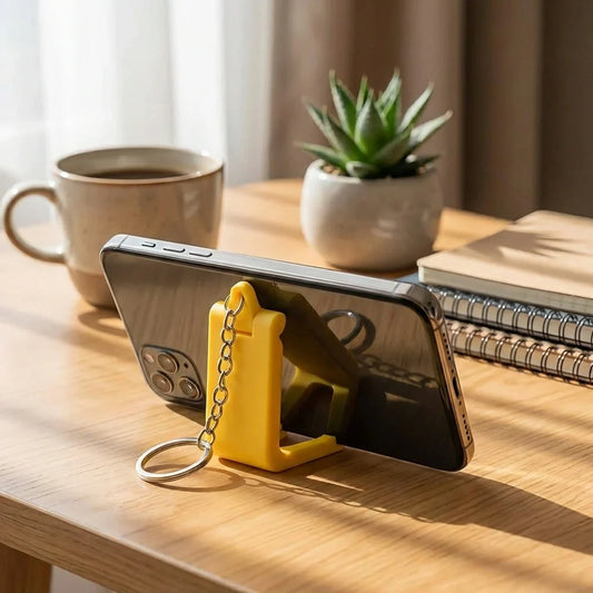 Phone stand holder with keychain, yellow clasp and black stand