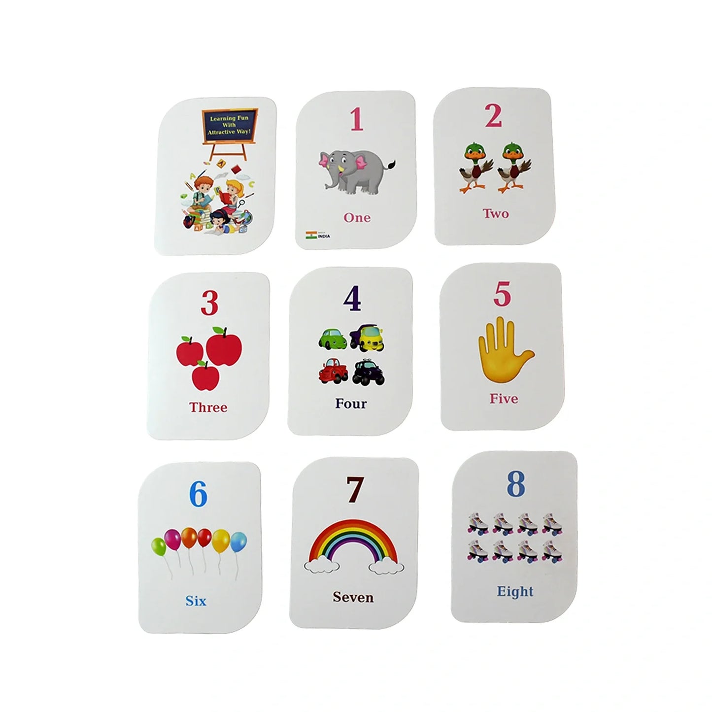 Children's number flashcards set, cards with animals, fruit, rainbow and numerals 1–8
