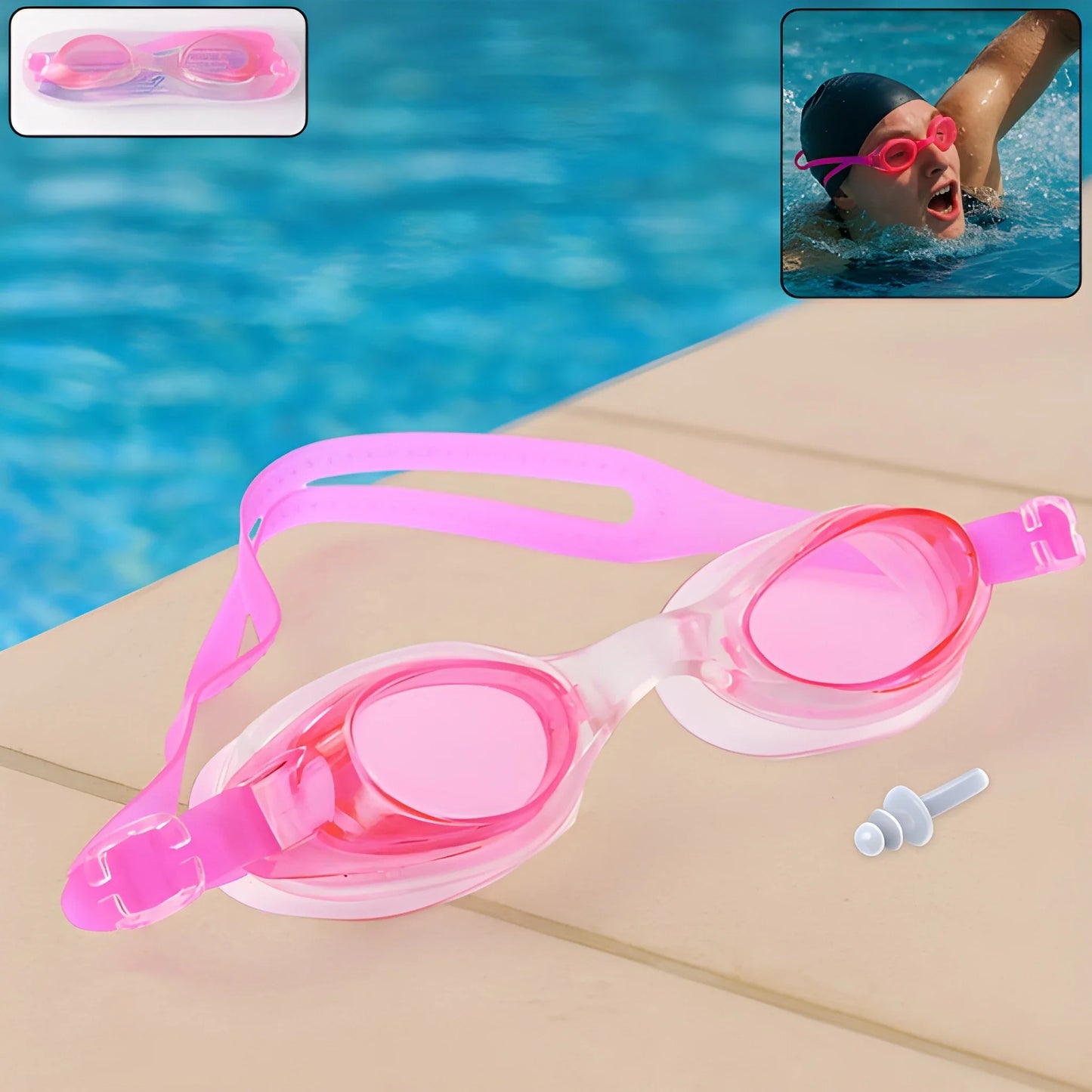 Kids' anti-fog swim goggles with pink frames and pink-tinted lenses