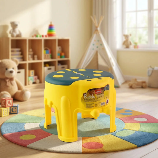 Kids bubble stool with round top, yellow legs and blue play surface