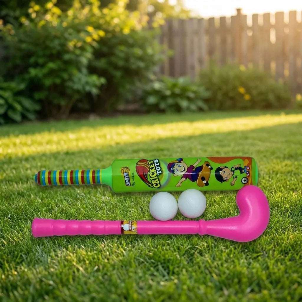 Kids cricket & hockey set with green cricket bat, striped handle, and pink hockey stick