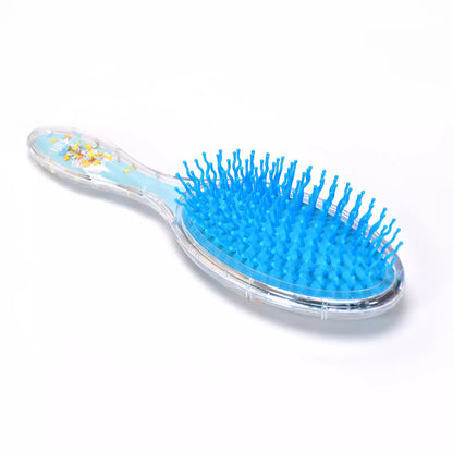 Kids’ detangling hair brush with blue bristles and clear oval handle