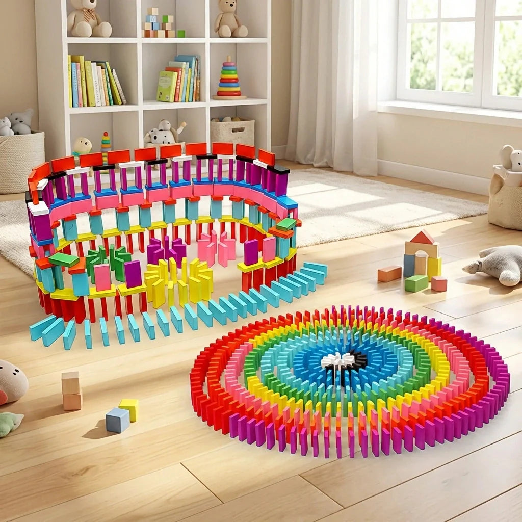 Kids domino blocks with colorful curved track and rectangular domino pieces