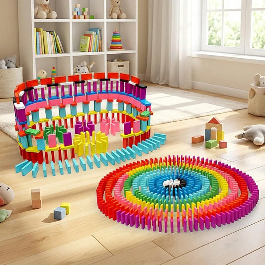 Kids domino blocks with colorful curved track and rectangular domino pieces