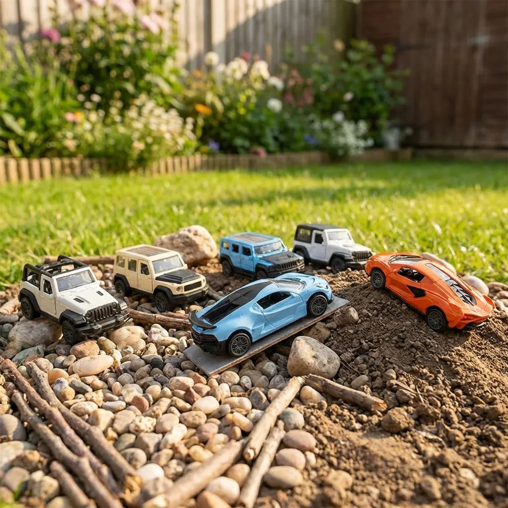 Mini pull car toys in white, light blue, blue, orange, and black