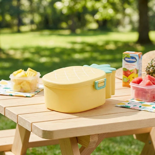 Kids pineapple lunch box, yellow round container with lid and clasp.