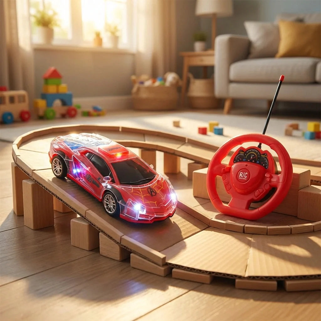 Kids remote control car set with red LED car and red steering wheel controller