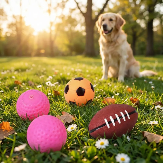 Kids squeeze balls set: pink textured ball, orange soccer ball, brown football