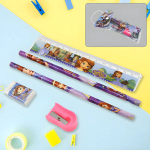 Kids stationery set with purple character pens, ruler, pink eraser, tape, clips