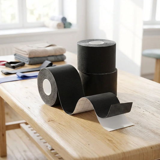 Kinesiology tape roll set with dark black backing and cut strip