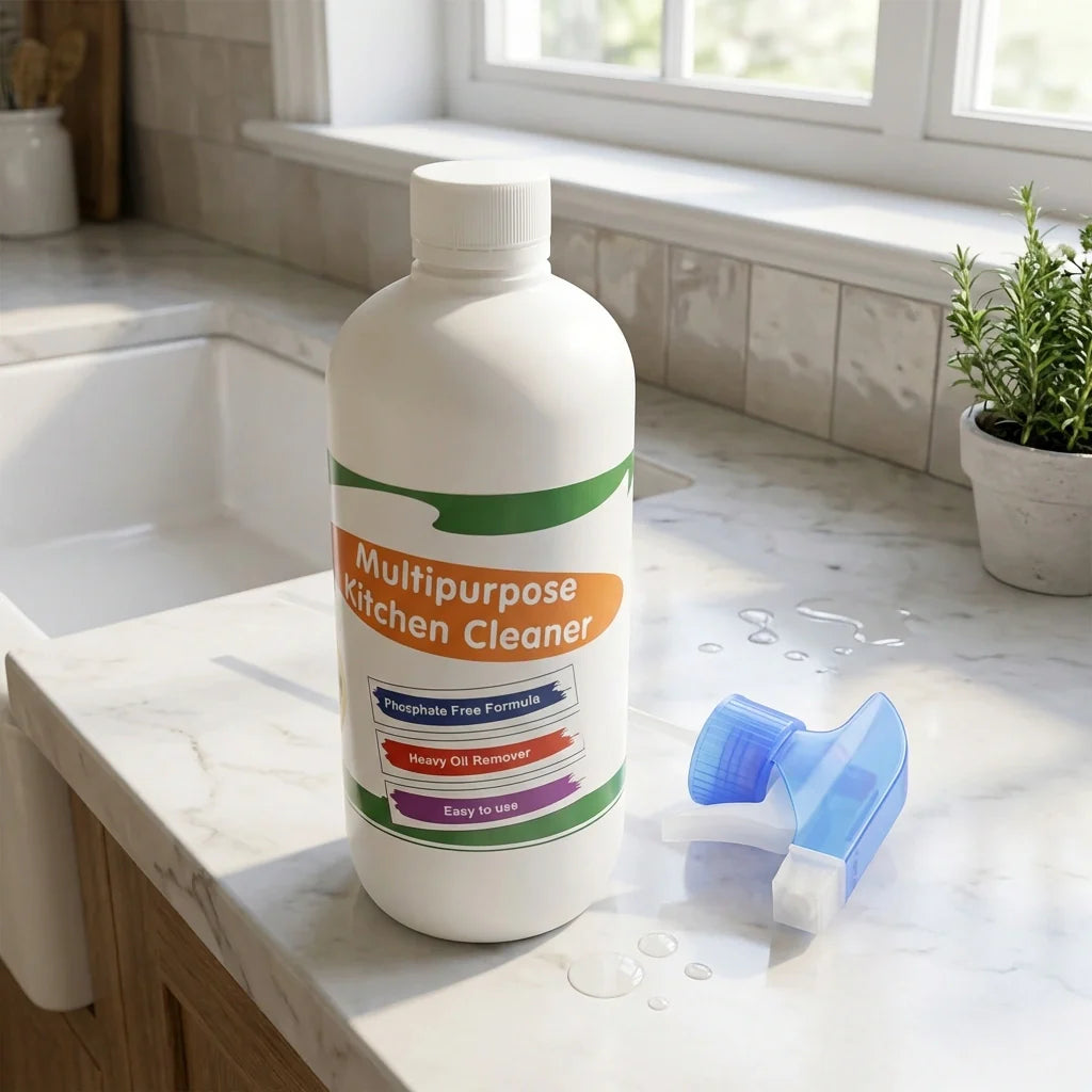 Multipurpose kitchen cleaner bottle with spray nozzle and blue trigger sprayer