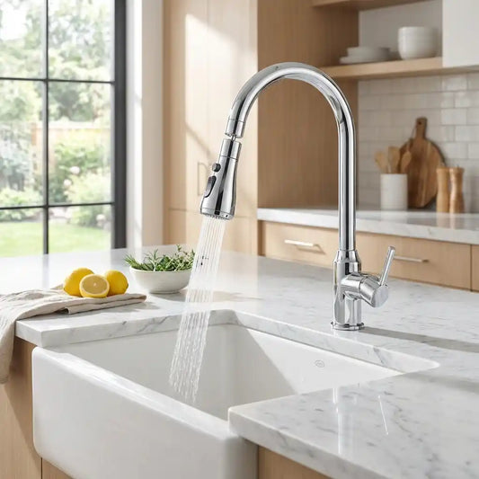 Chrome kitchen faucet sprayer with arched neck and wide spray stream into sink