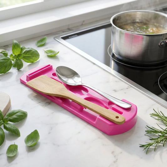Pink kitchen knife stand with long slots and two utensil holders, wooden handles.