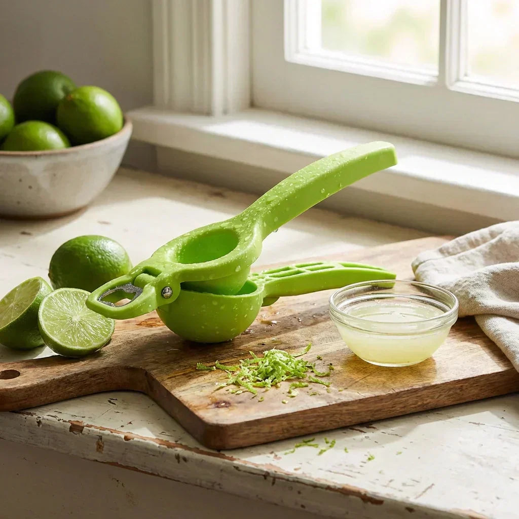 Green citrus lemon squeezer with lever and press, for juicing fruit
